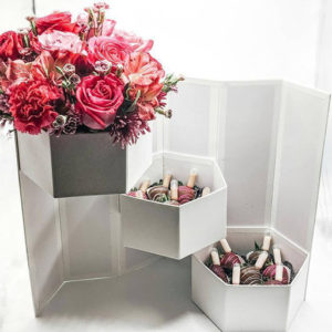 large flower box with chocolate covered strawberries. great for anniversary gifts, bridesmaid gifts, wedding gifts, graduation gifts, flower delivery